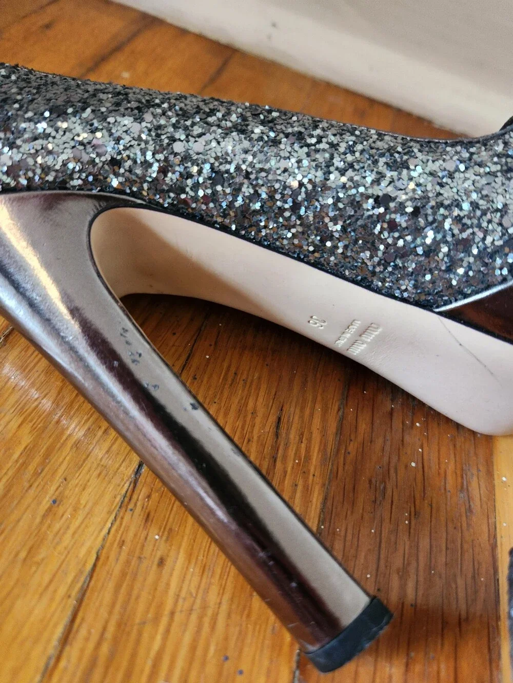 Vintage MIU MIU Platform Gunmetal Glitter Pumps Y2K